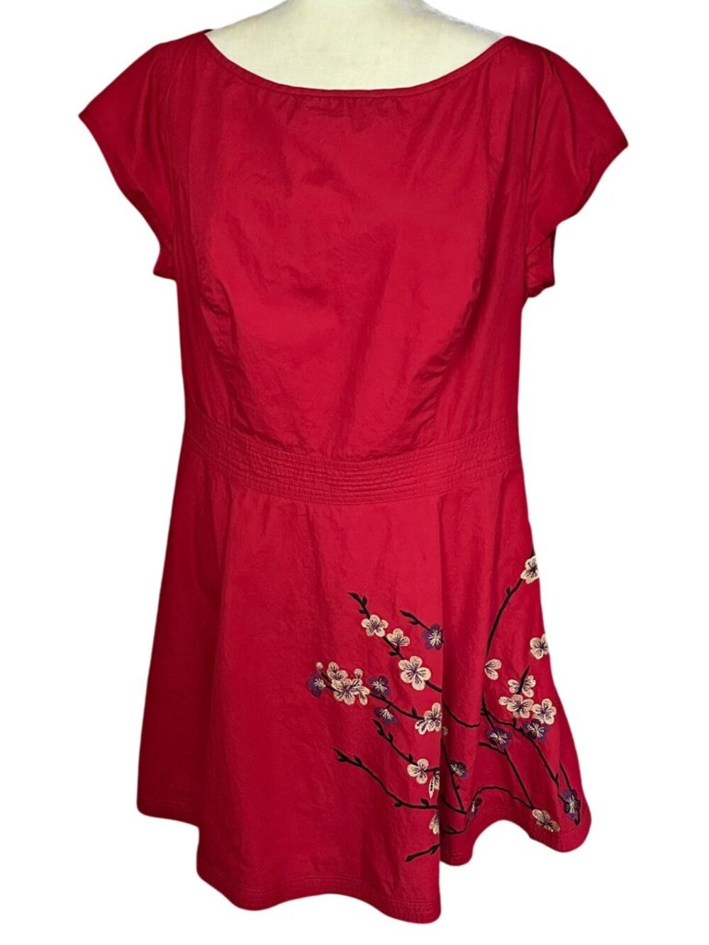 eShakti Red Fit Flare Mini Dress Floral Embroidery Cotton Cap Sleeve XL
